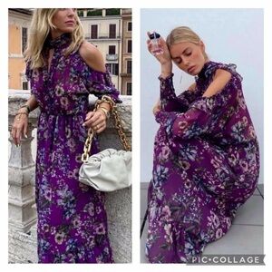 Zara Purple floral cold shoulder dress. New with tags, medium.